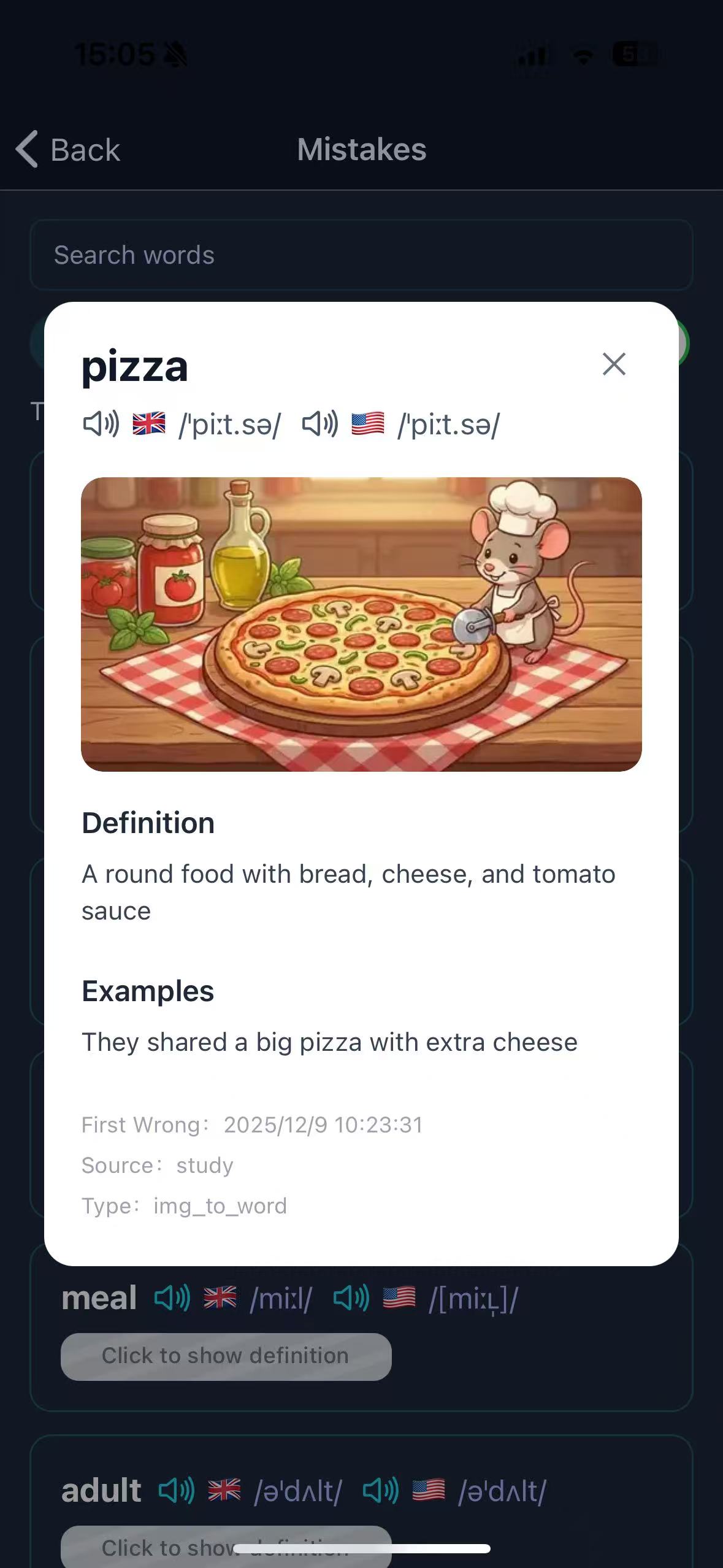 Learning card with word definition and examples